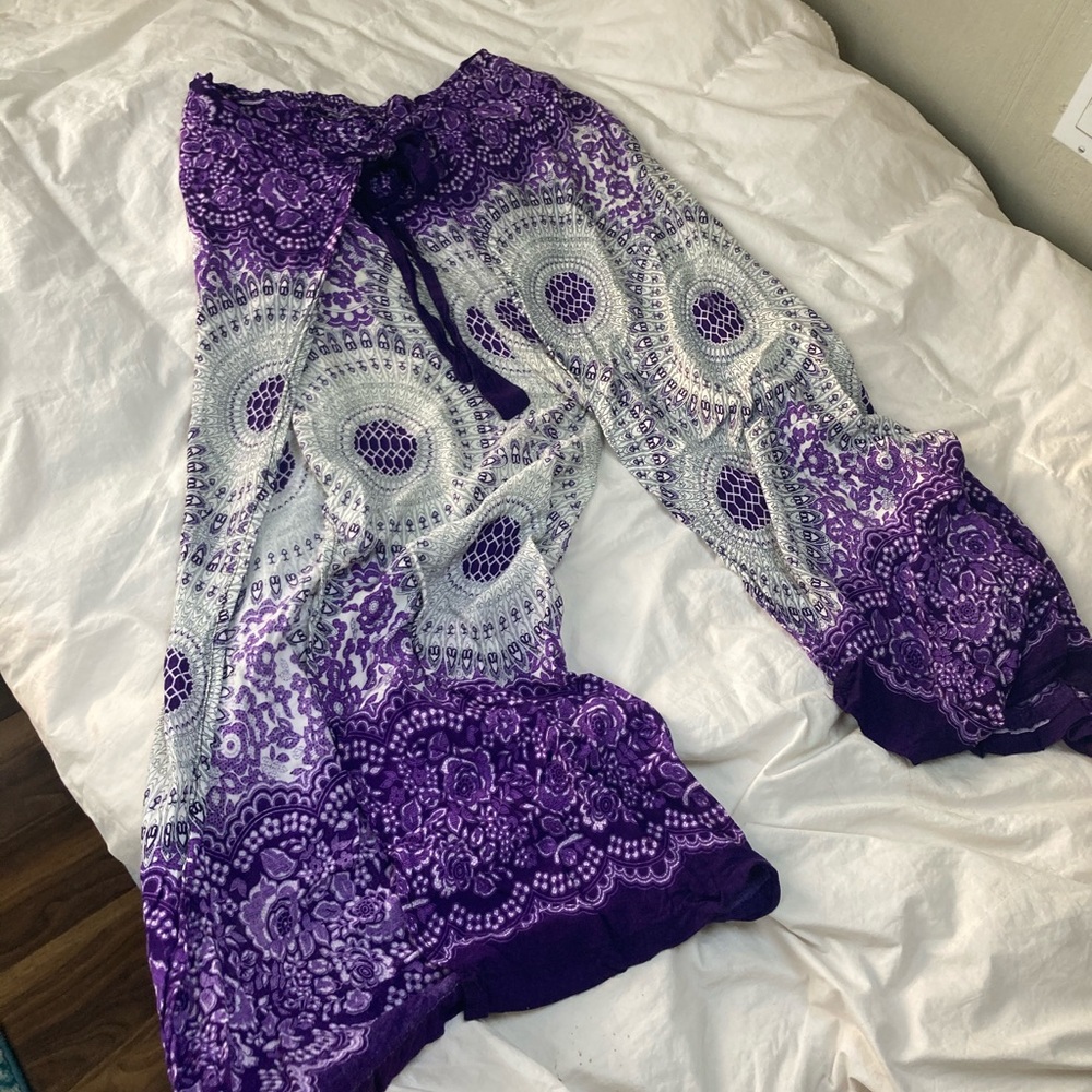 Purple flare wrap pants